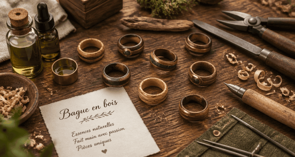 bague en bois artisanale sur table en bois