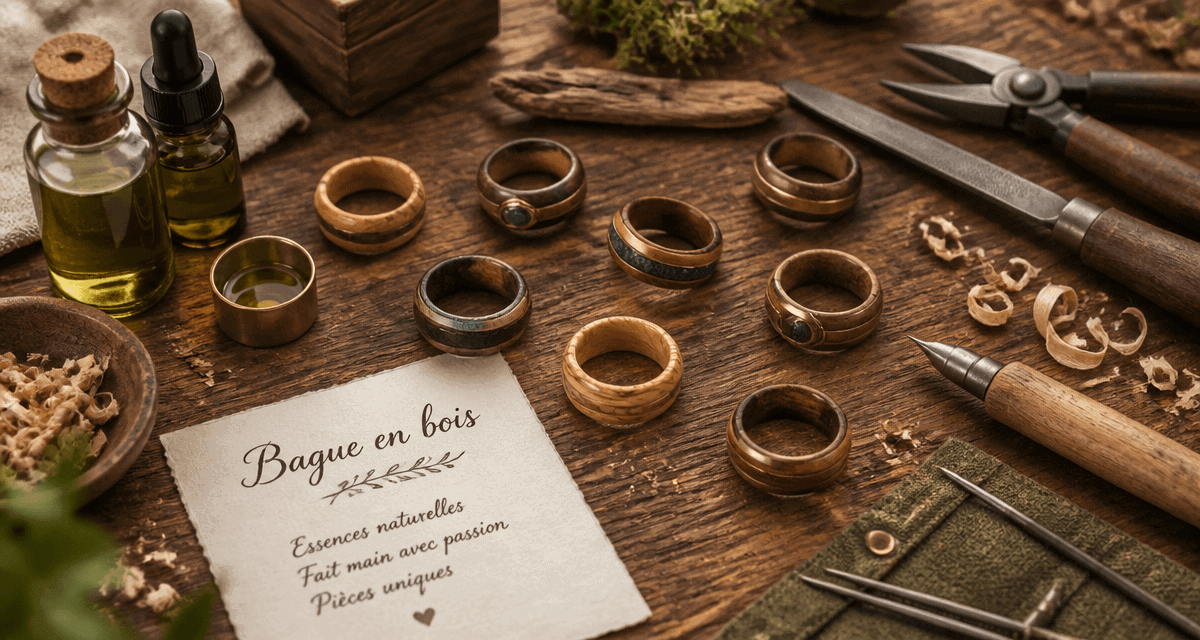 bague en bois artisanale sur table en bois