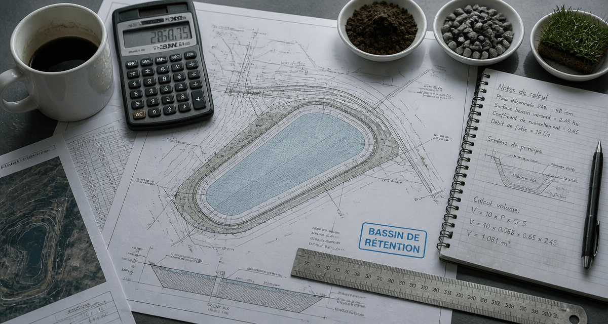 plan technique bassin de rétention sur bureau d’ingénieur