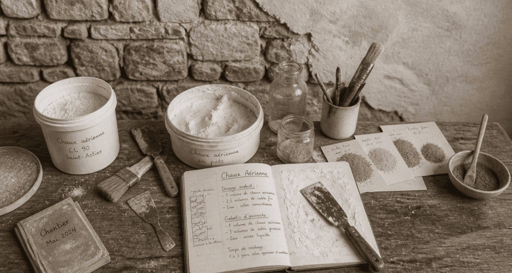 chaux aérienne pots outils carnet atelier