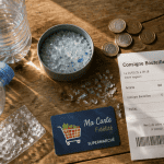 Consigne bouteille plastique ticket et pièces sur table