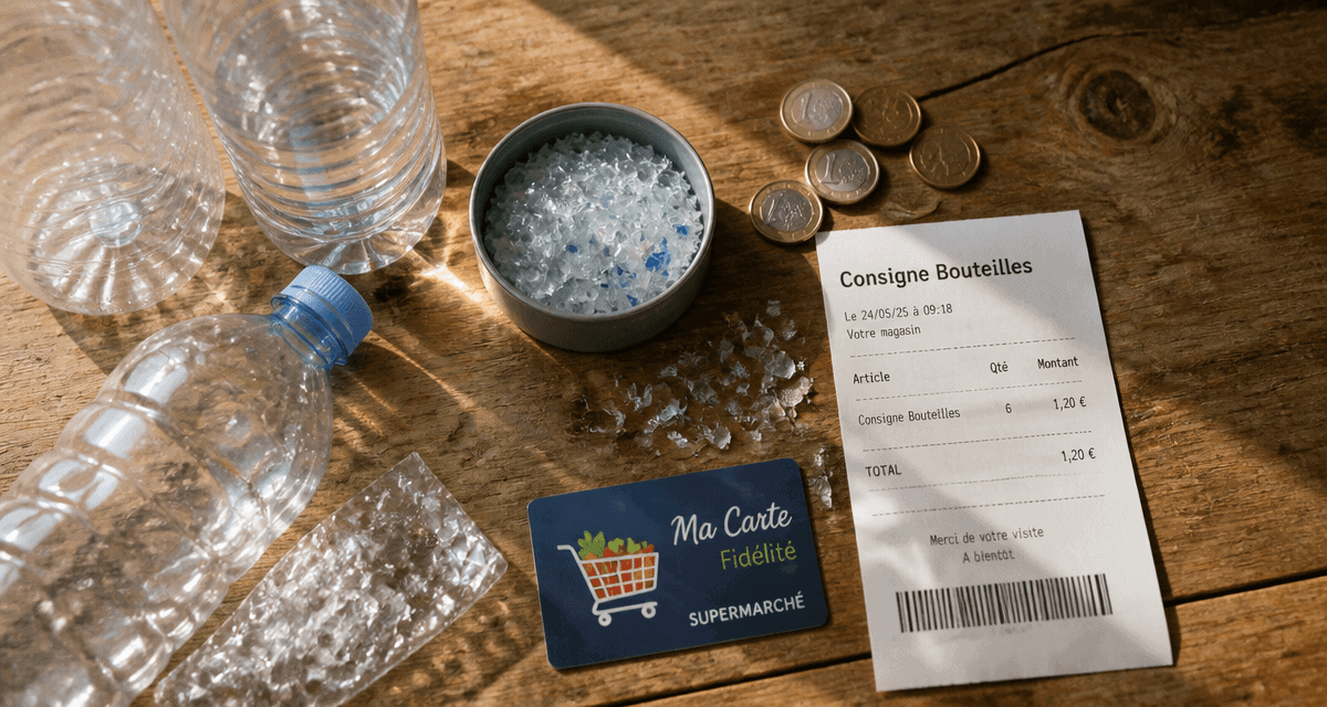 Consigne bouteille plastique ticket et pièces sur table