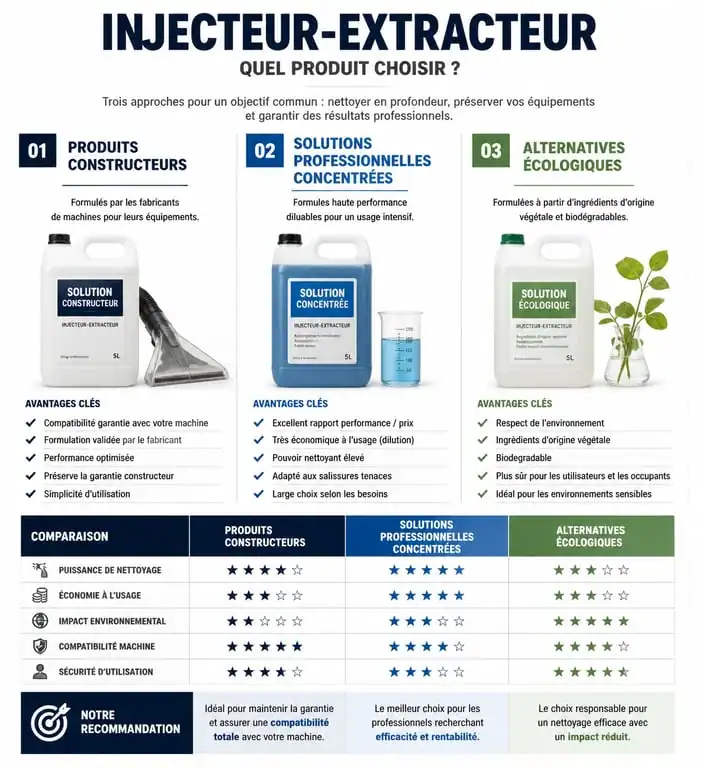 Comparatif des types de produits pour injecteur-extracteur : constructeur, professionnel et écologique