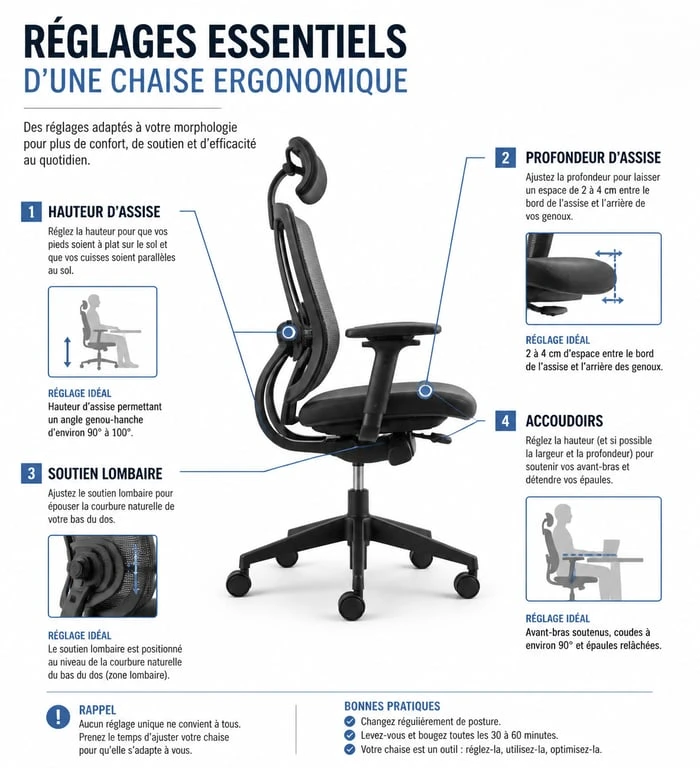 Schéma des réglages essentiels pour une chaise ergonomique optimale