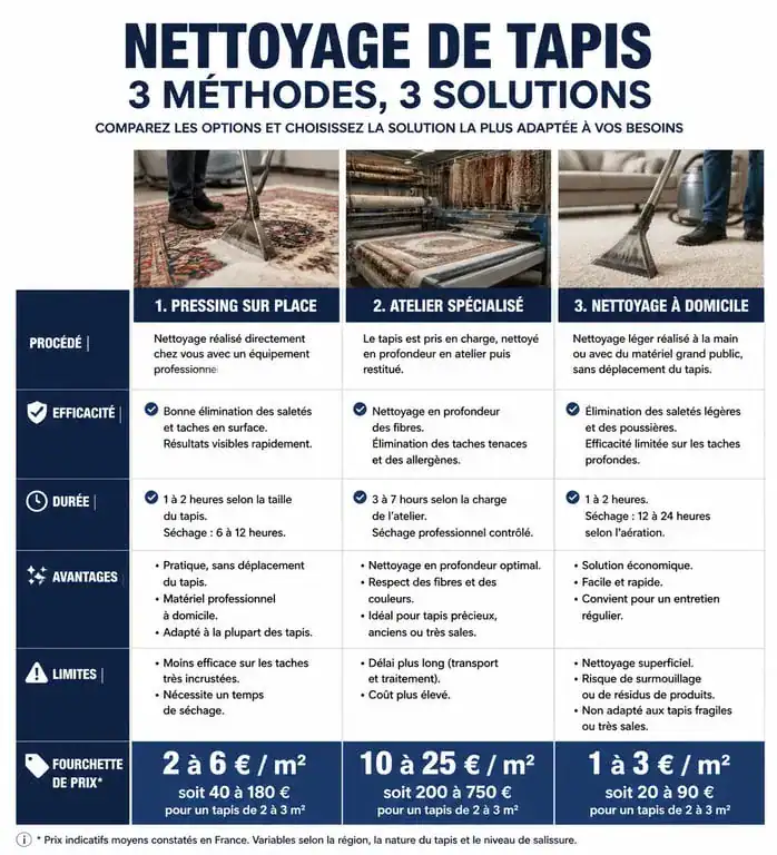 Infographie comparative des méthodes et tarifs de nettoyage professionnel de tapis