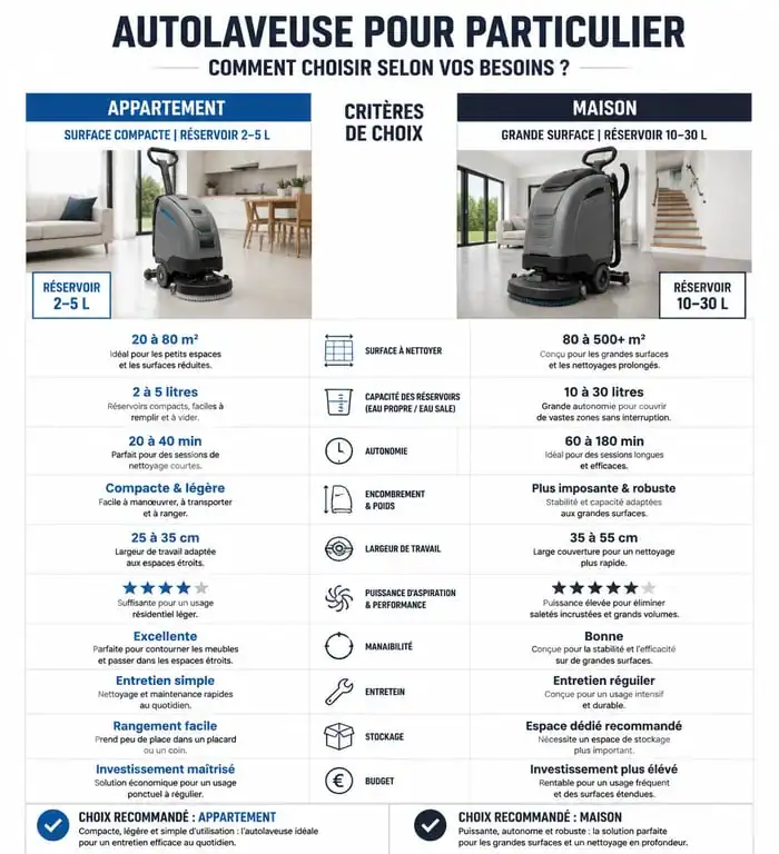 Infographie comparative des critères de choix pour la meilleure autolaveuse particulier selon la surface du logement