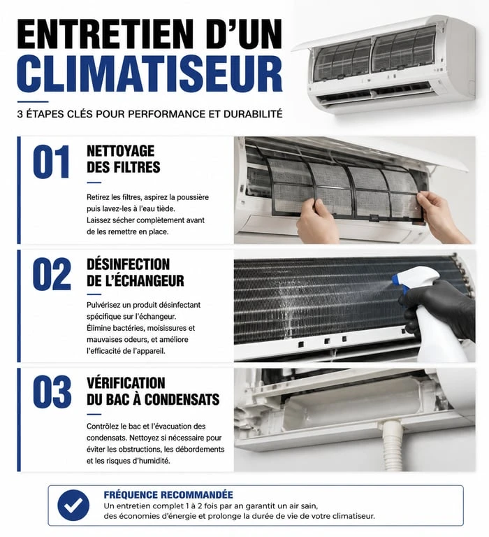 Infographie des étapes de nettoyage et d'entretien d'un climatiseur pour une meilleure performance