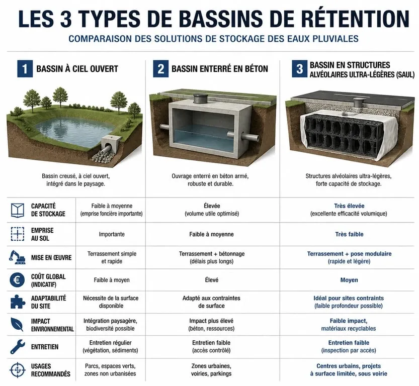 Comparatif des types de bassins de rétention des eaux pluviales : béton, SAUL et ciel ouvert