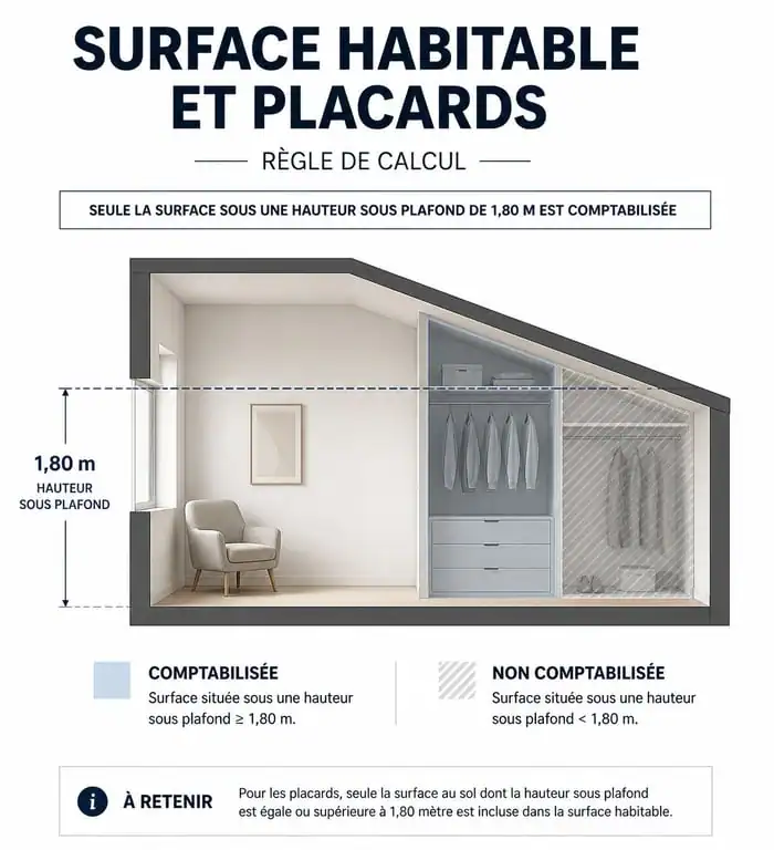 Infographie explicative sur le calcul de la surface habitable et l'inclusion des placards selon la loi