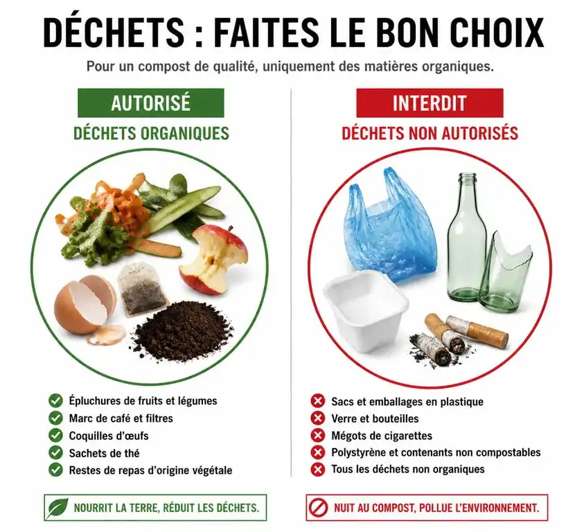 Infographie récapitulative des déchets acceptés et refusés dans la poubelle marron