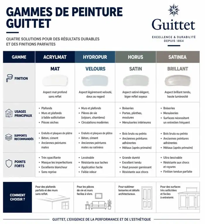 Tableau comparatif des gammes de peinture Guittet pour professionnels