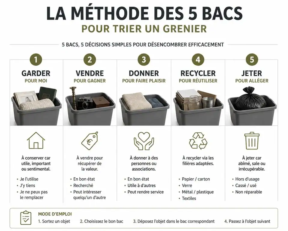 Méthode des 5 bacs pour vider mon grenier efficacement