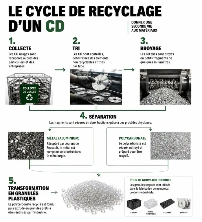 Infographie du cycle de recyclage des CD et DVD pour une gestion écologique des déchets