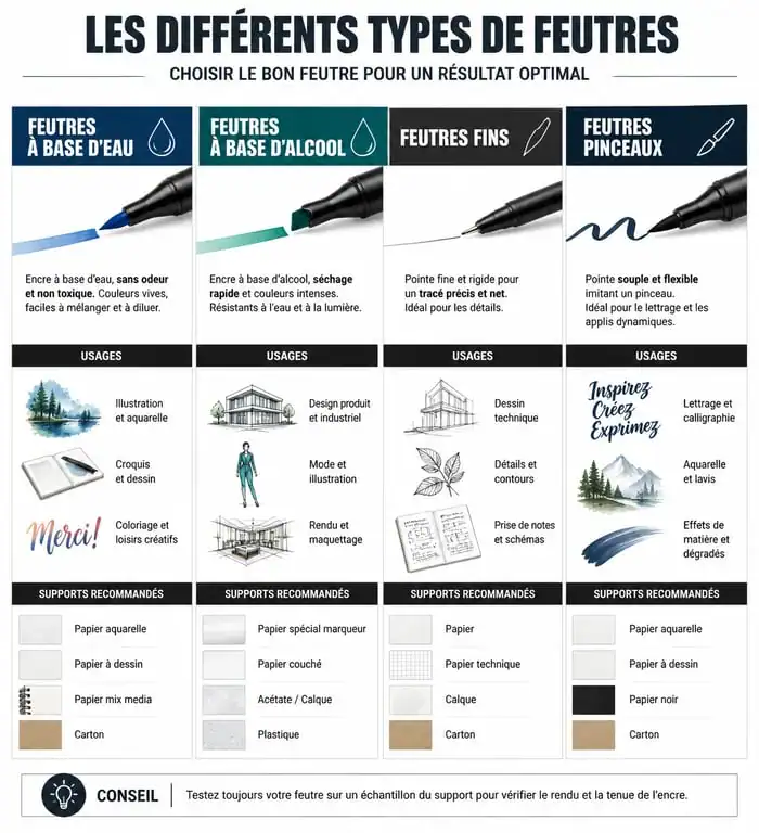 Comparatif des différents types de feutres : usages et supports recommandés