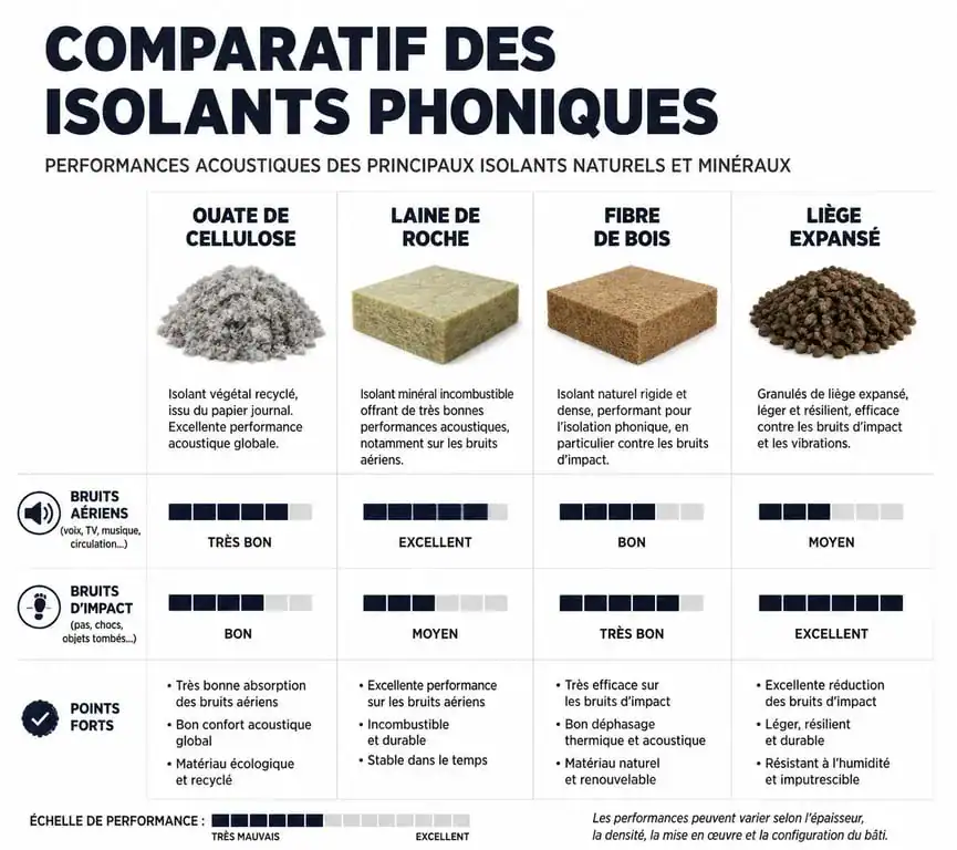 Comparatif des meilleurs isolants phoniques : ouate de cellulose, laine de roche, fibre de bois et liège pour une isolation acoustique efficace.