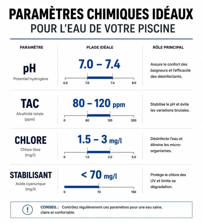 Tableau des paramètres idéaux pour éviter l'eau verte dans une piscine et maintenir une eau cristalline