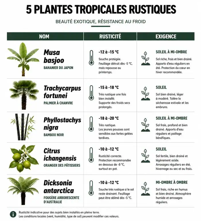 Infographie comparative des plantes pour jardin tropical rustique