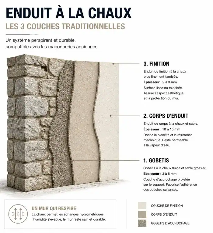 Schéma technique des trois couches d'application d'un enduit à la chaux