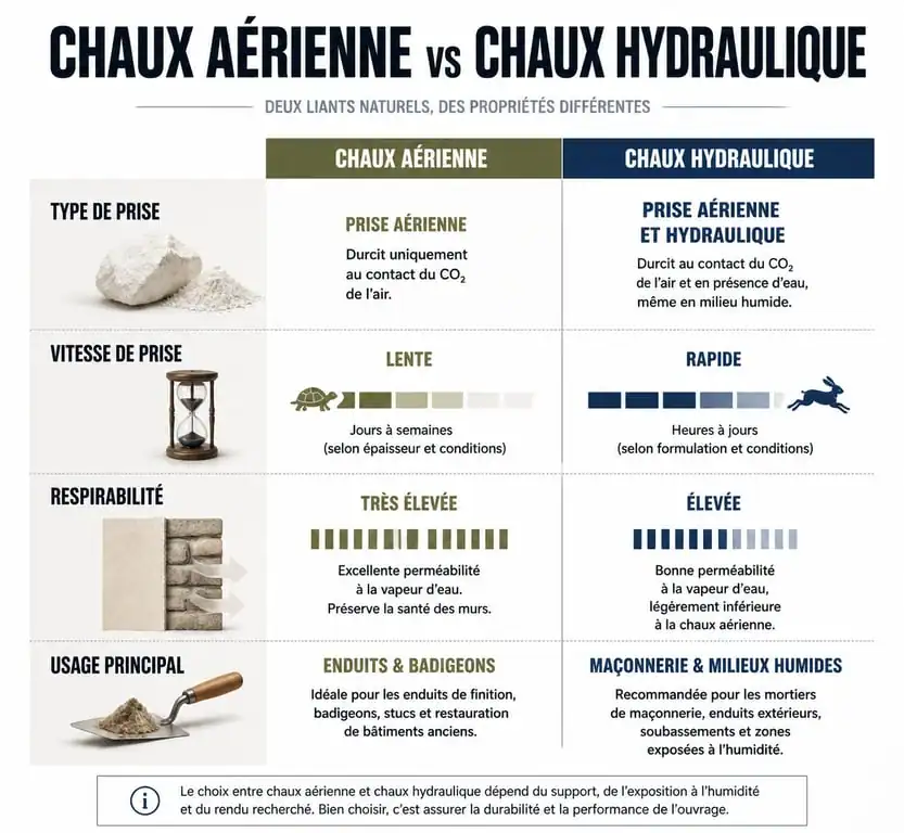 Infographie comparative des propriétés de la chaux aérienne et de la chaux hydraulique pour la rénovation