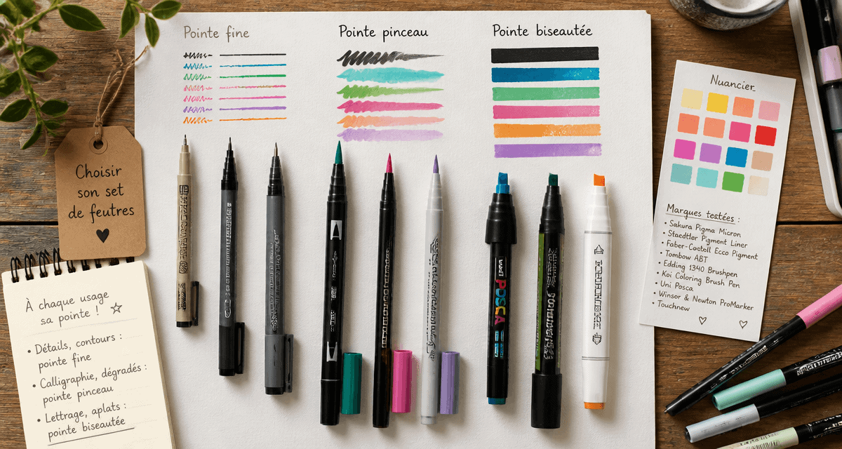 feutres pointe fine et biseautée sur bureau artiste