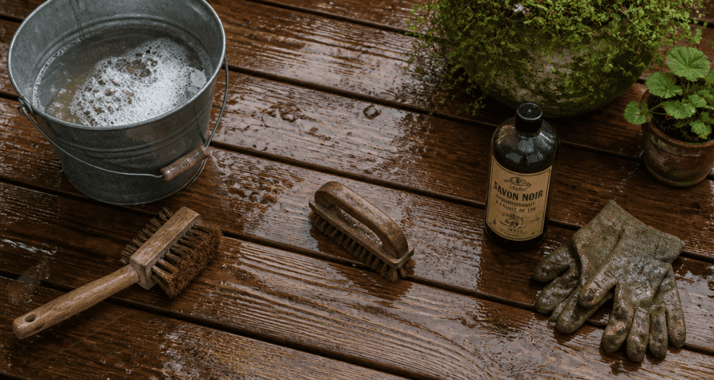 nettoyage terrasse bois savon noir brosses seau