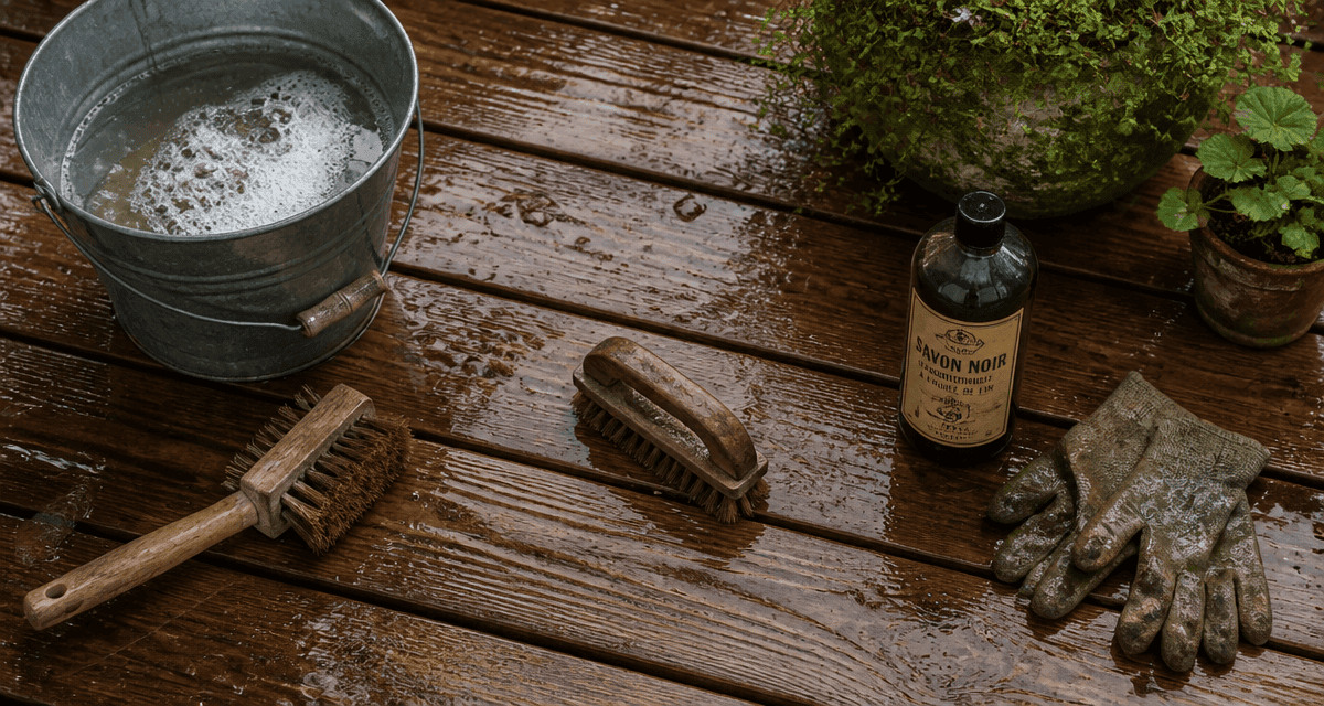 nettoyage terrasse bois savon noir brosses seau