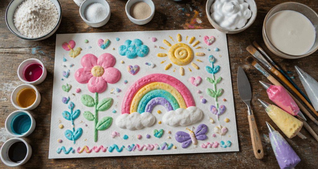 Peinture gonflante en relief sur papier avec ingrédients