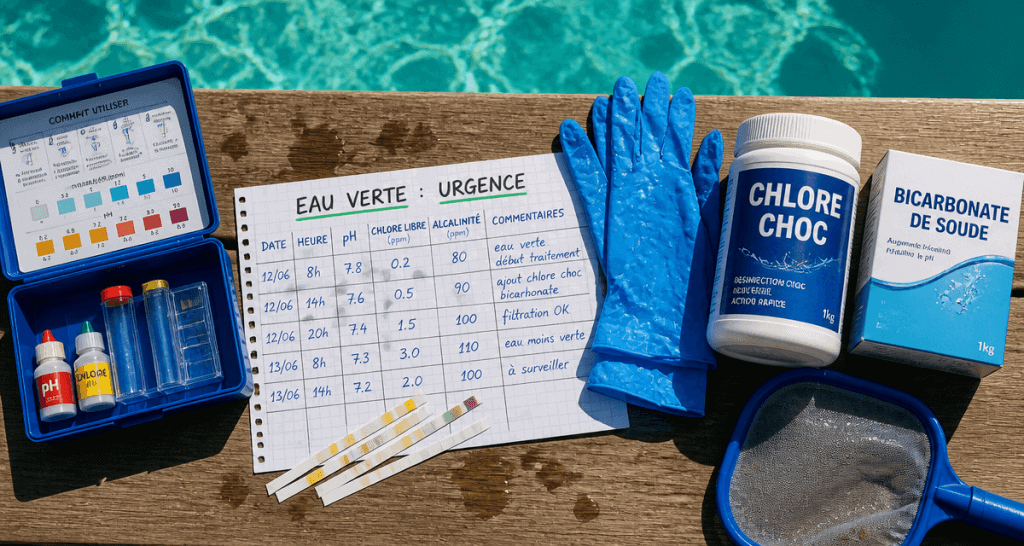 produit miracle eau verte piscine sur table