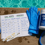 produit miracle eau verte piscine sur table