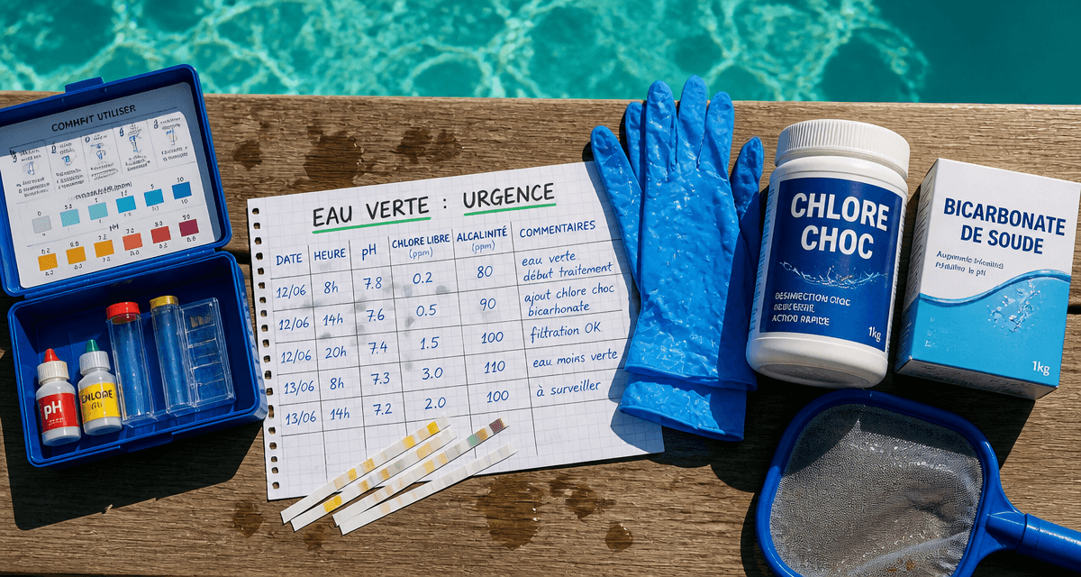 produit miracle eau verte piscine sur table