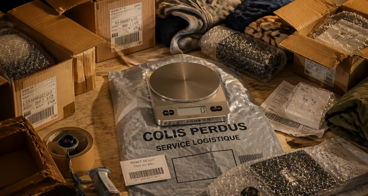 Achat colis perdu au kilo : cartons et vêtements sur balance