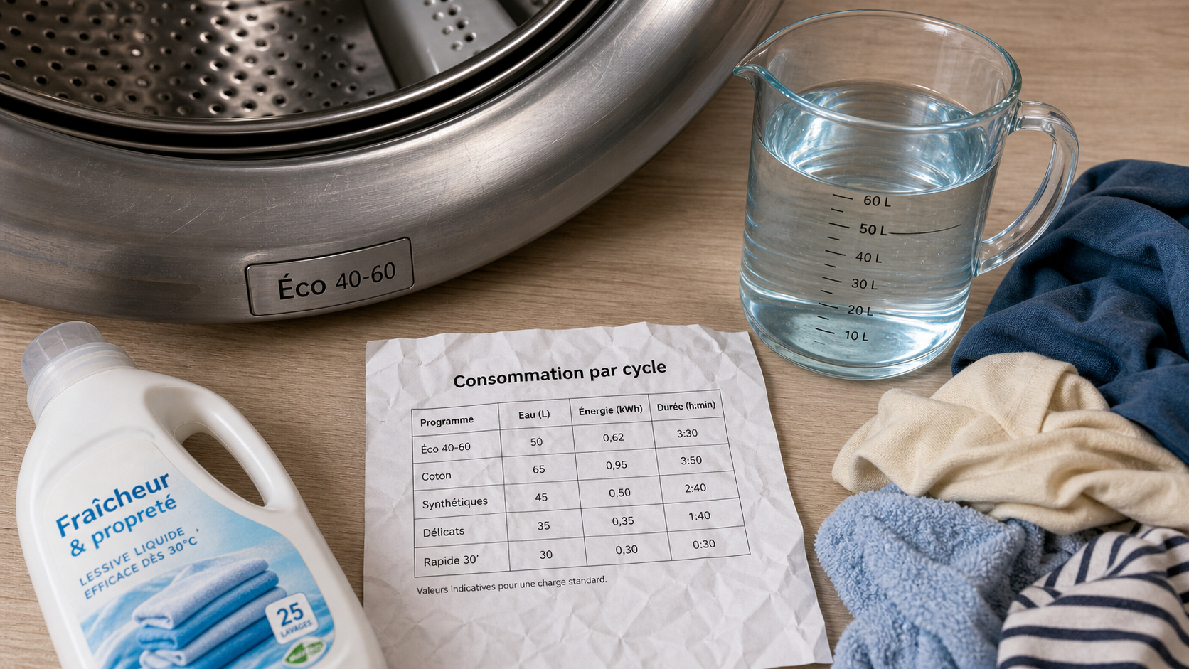 Consommation eau machine à laver 7 kg : eau par cycle et repères Éco 40-60