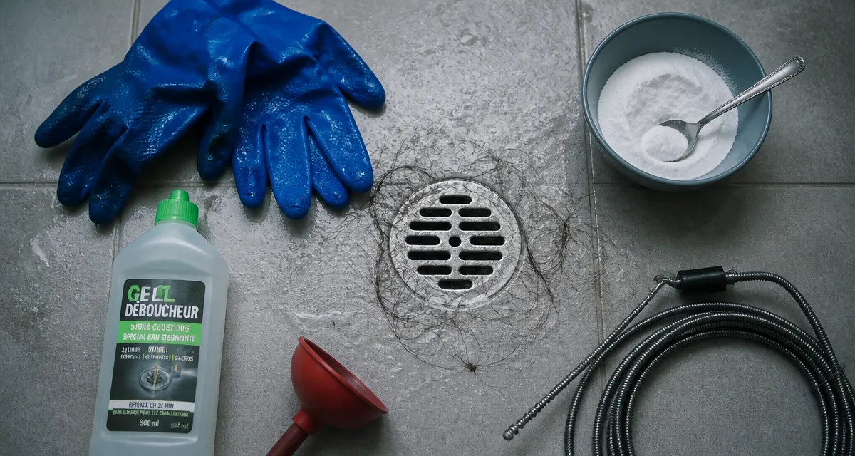 Déboucher douche produit avec gel, ventouse et furet