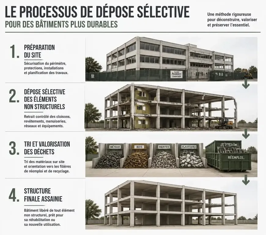 Infographie des étapes du curage de bâtiment : préparation, dépose sélective, tri des déchets et structure mise à nu