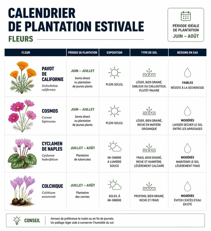 Infographie des fleurs à planter en juillet et août : calendrier et conseils de jardinage pour le pavot, le cosmos, le cyclamen et la colchique.