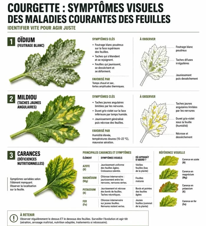 Infographie des maladies des feuilles de courgette : oïdium et mildiou