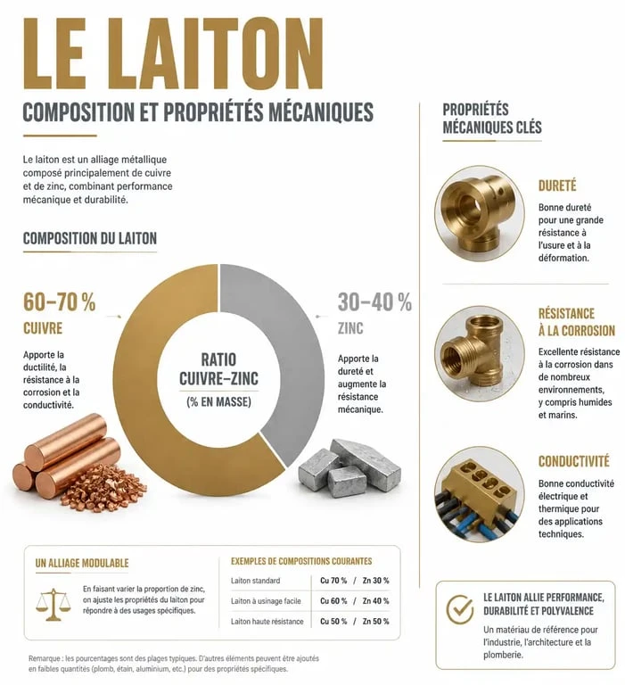 Infographie sur la composition chimique et les propriétés techniques du laiton
