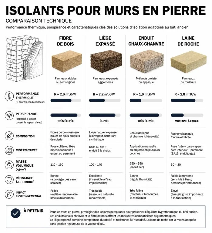 Infographie comparative des matériaux pour isoler un mur en pierre : performance et perspirance