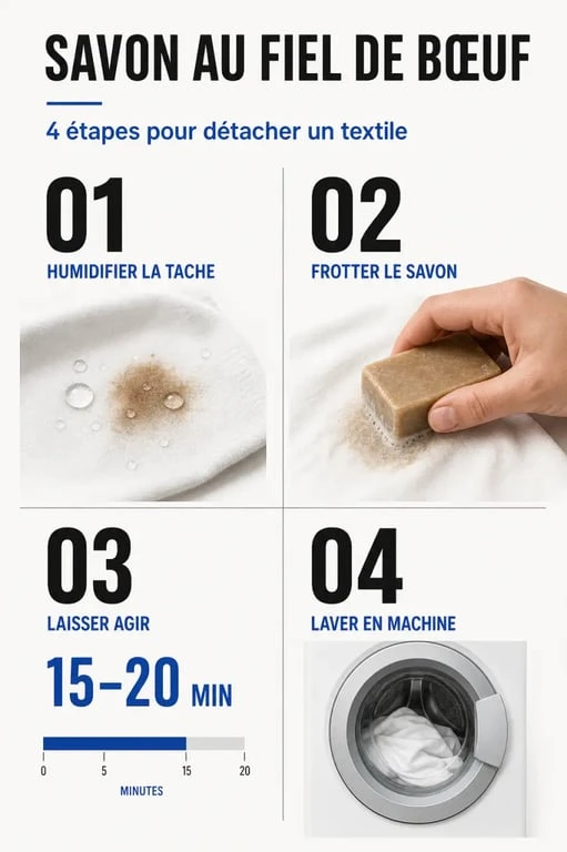 Infographie des étapes d'utilisation du savon au fiel de bœuf pour détacher les vêtements