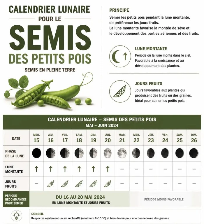 Infographie du calendrier lunaire pour le semis des petits pois au potager