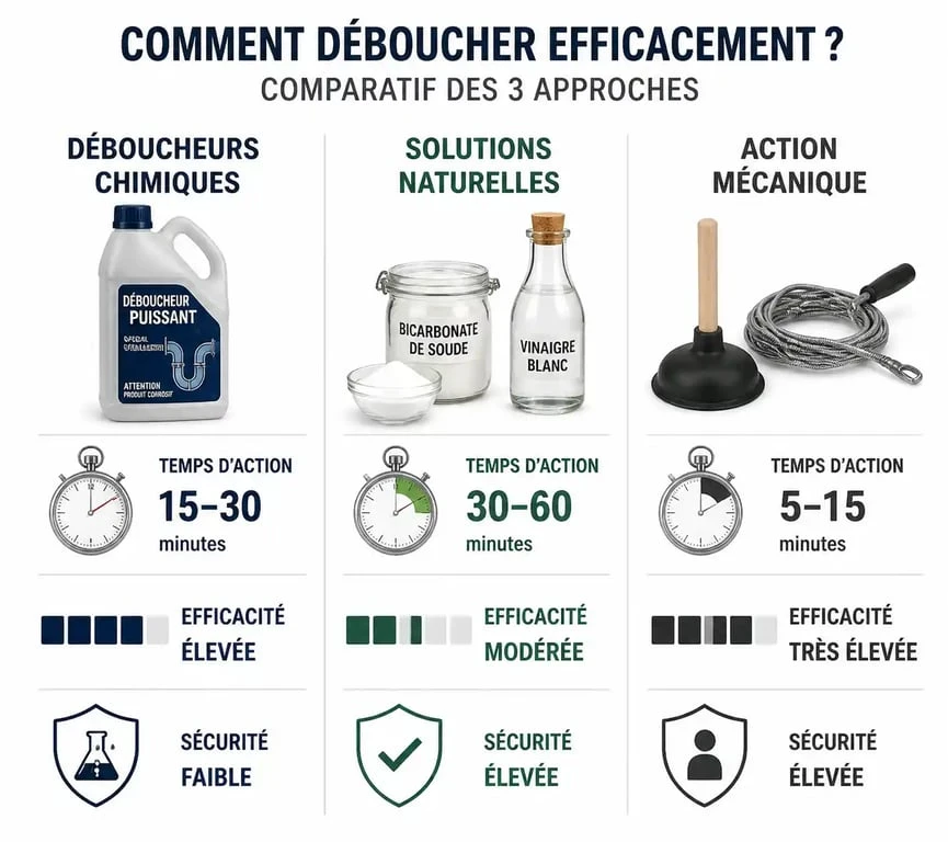 Infographie comparative des méthodes pour déboucher une douche : produits chimiques, solutions naturelles et méthodes mécaniques.