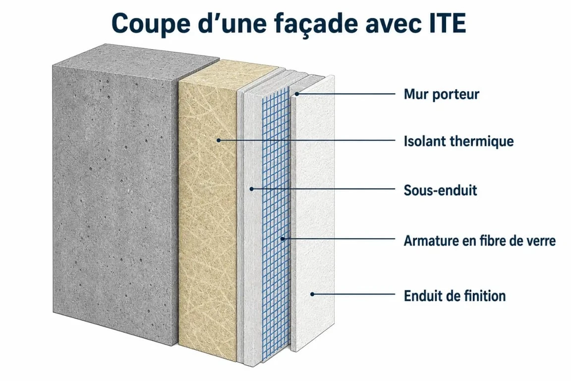 Schéma technique des couches d'une isolation thermique par l'extérieur (ITE) lors d'un ravalement de façade