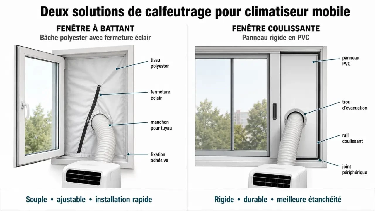 Comparatif des solutions de calfeutrage pour climatiseur mobile : kit souple en tissu vs plaque rigide en PVC
