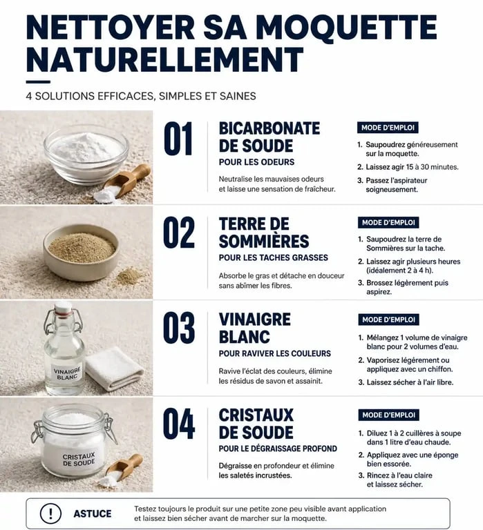 Infographie des méthodes naturelles pour nettoyer une moquette efficacement