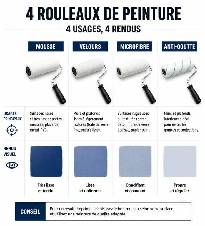 Infographie comparative des types de rouleaux pour choisir le bon rouleau en mousse pour sa peinture