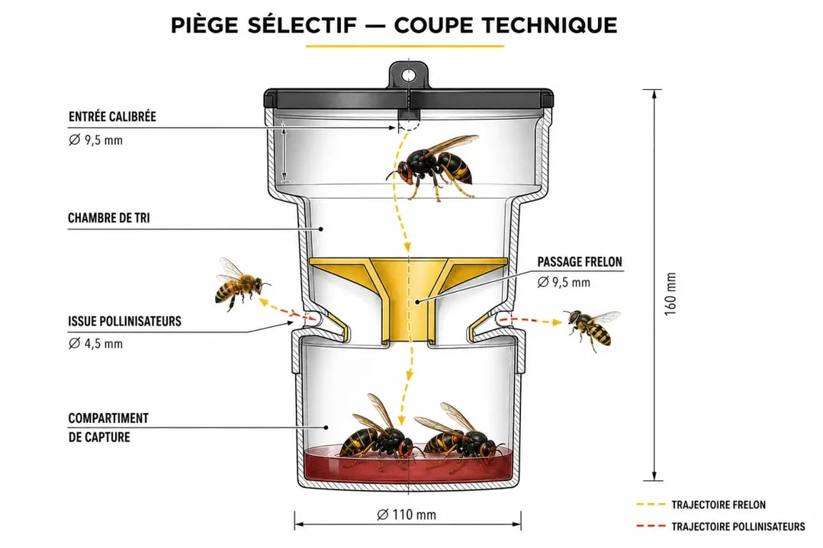 Schéma de fonctionnement d'un piège sélectif pour frelons asiatiques révolutionnaire