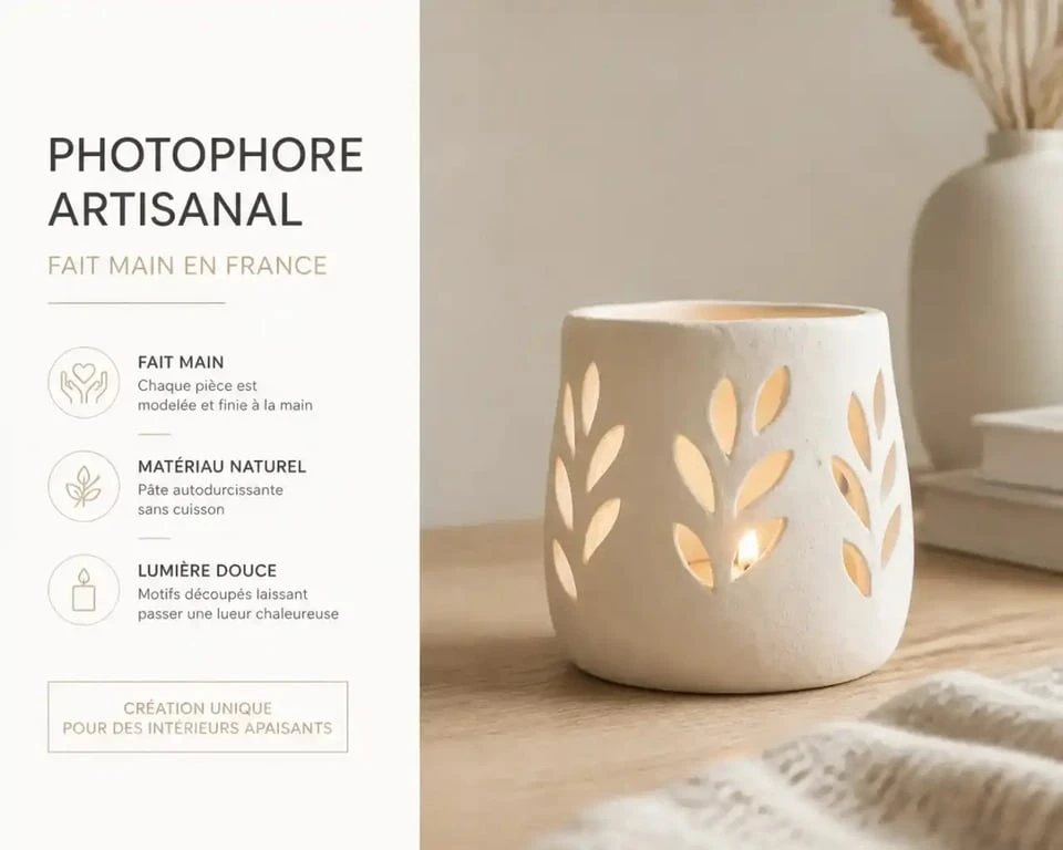 Photophore en pâte autodurcissante fait main avec des motifs découpés diffusant une lumière douce