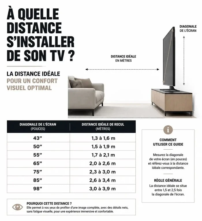 Infographie illustrant la distance idéale entre la télévision et le canapé selon la taille de l'écran