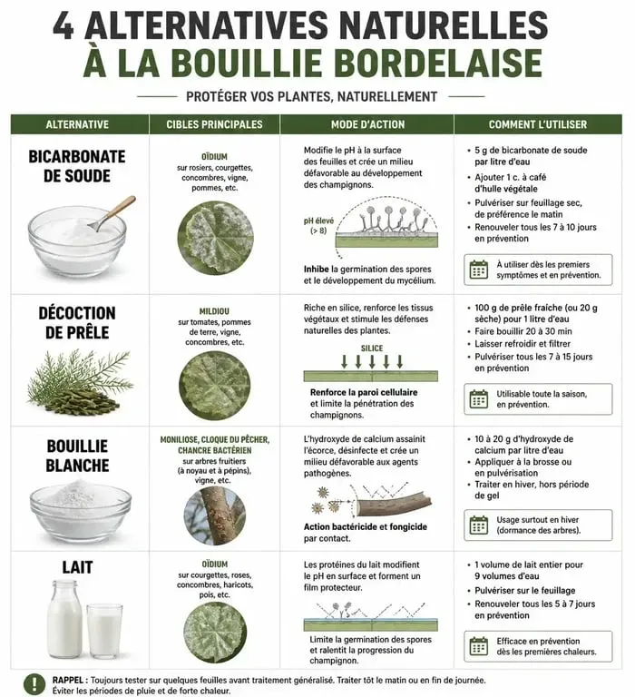 Infographie comparative des alternatives naturelles à la bouillie bordelaise pour protéger les plantes du potager