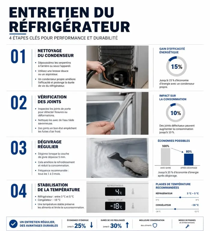 Infographie sur l'entretien d'un réfrigérateur pour prolonger sa durée de vie